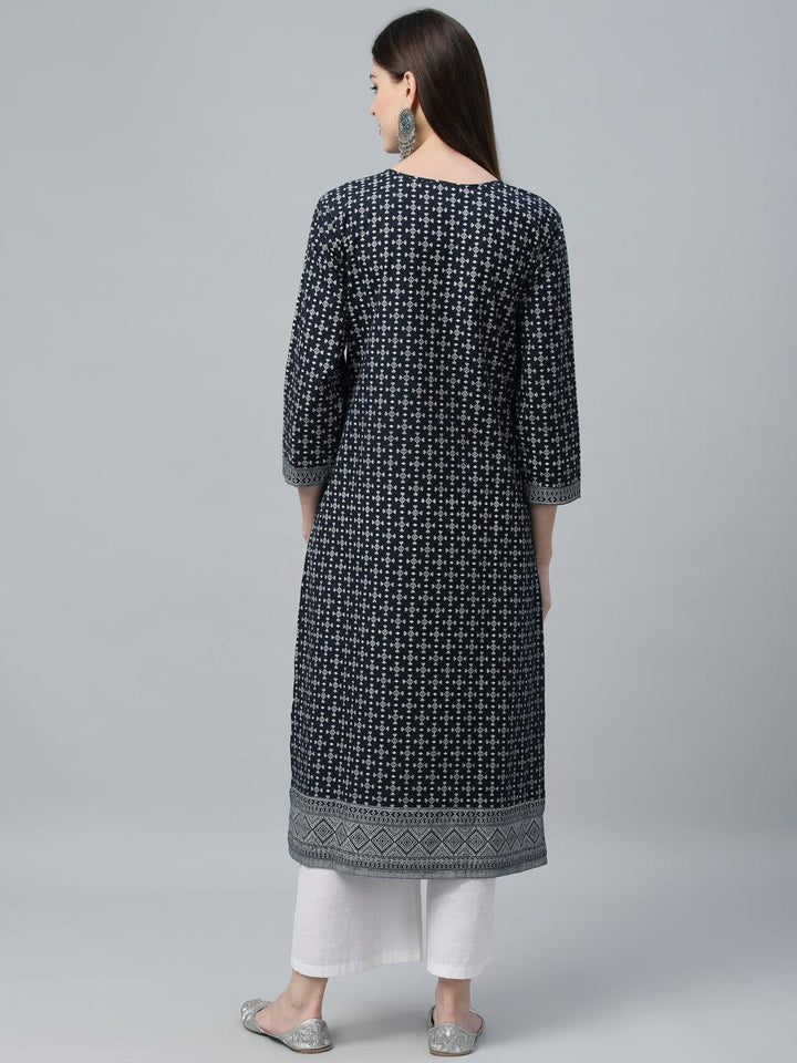 Navy Blue Printed Cotton Kurta - ShopLibas