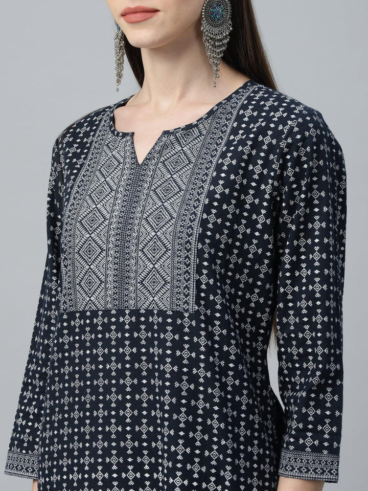Navy Blue Printed Cotton Kurta - ShopLibas