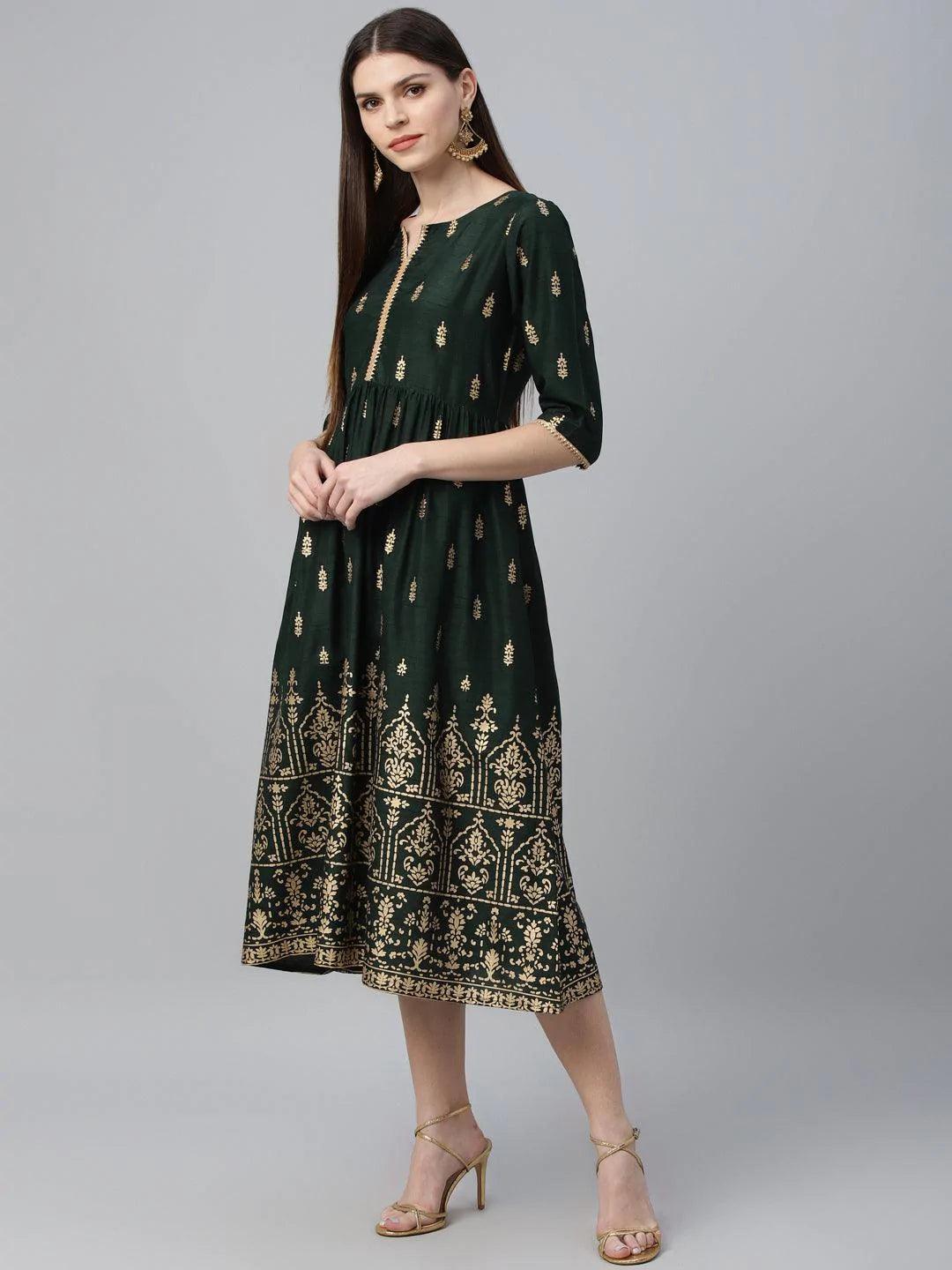 Green Printed Polyester Dress - ShopLibas