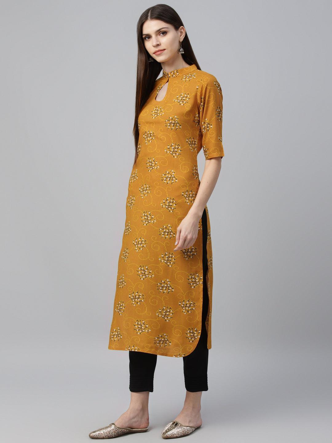 Yellow Printed Rayon Kurta - ShopLibas 