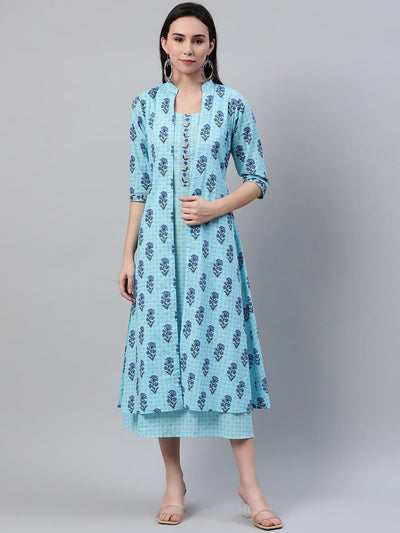 Blue Printed Cotton Dress With Jacket - ShopLibas