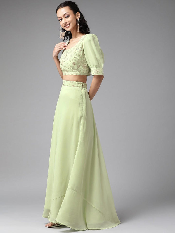 Green Embroidered Georgette Lehenga Set - ShopLibas
