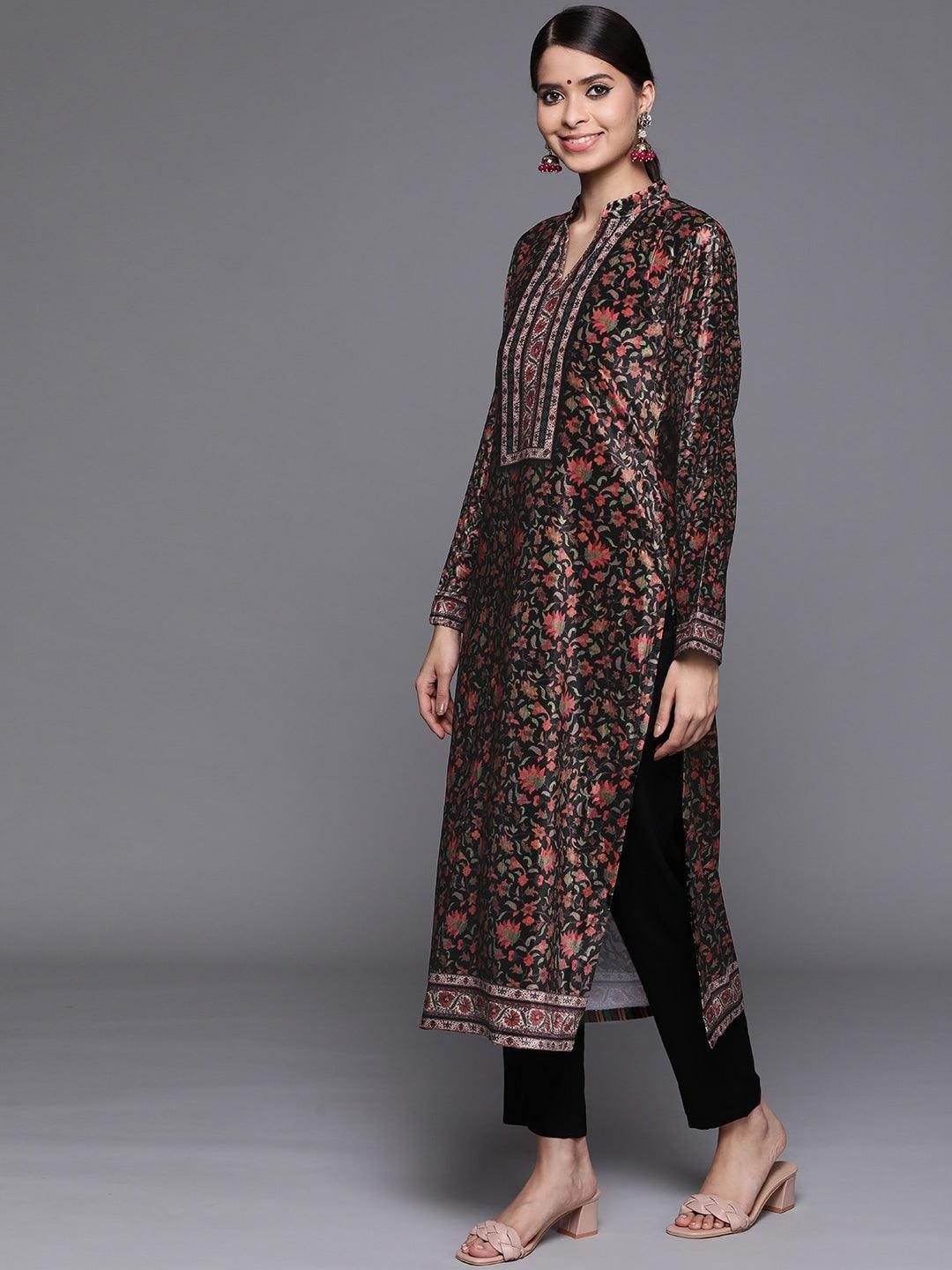 Black Printed Velvet Suit Set - ShopLibas