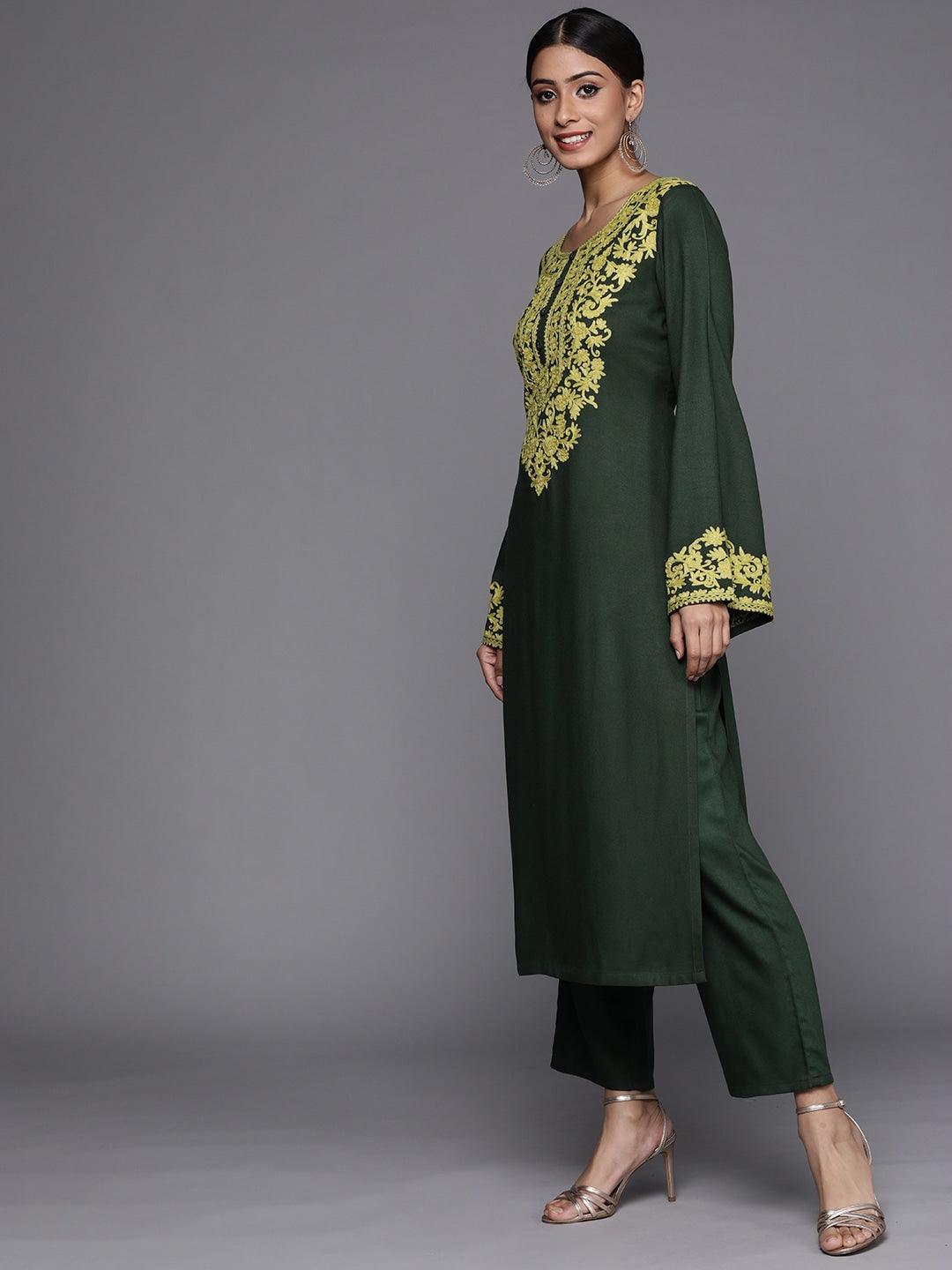 Green Printed Pashmina Wool Kurta - ShopLibas