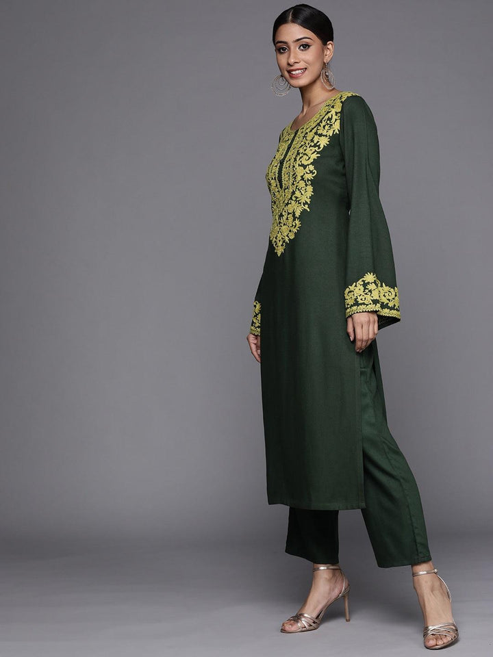 Green Printed Pashmina Wool Kurta - ShopLibas