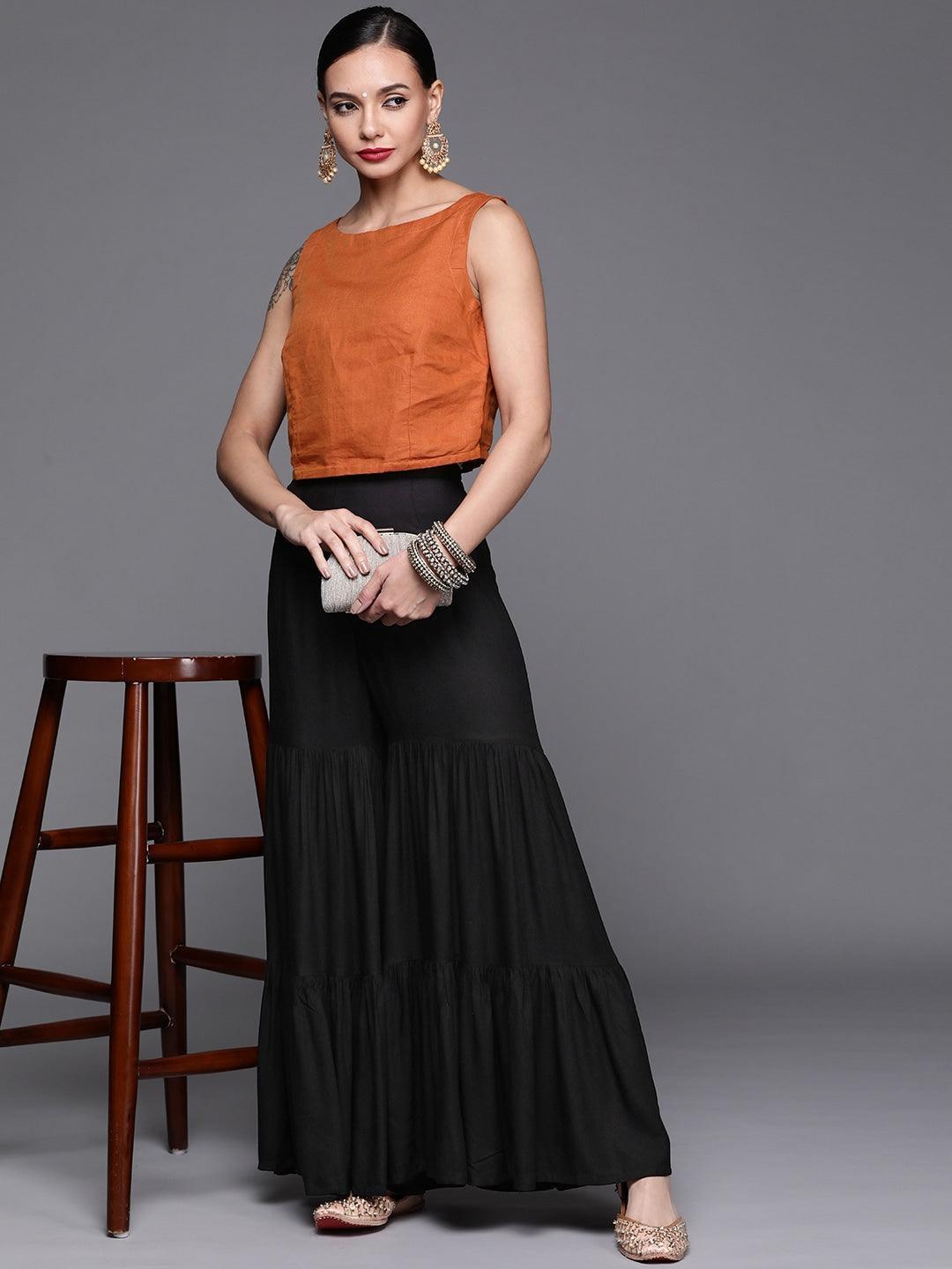 Black Solid Rayon Sharara Pants - ShopLibas 