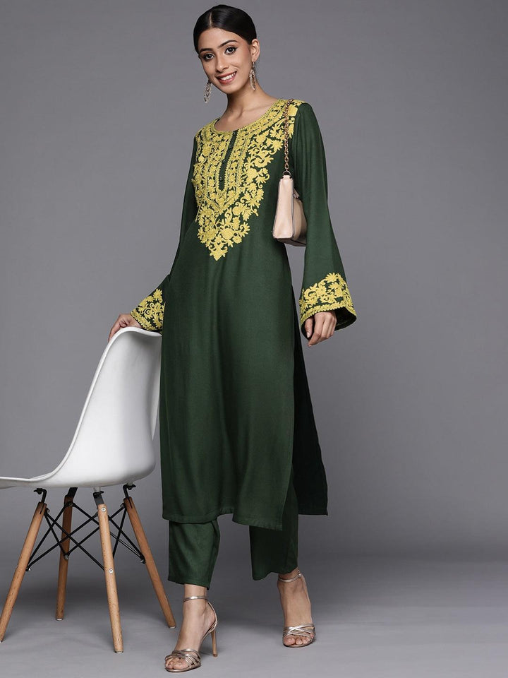 Green Printed Pashmina Wool Kurta - ShopLibas