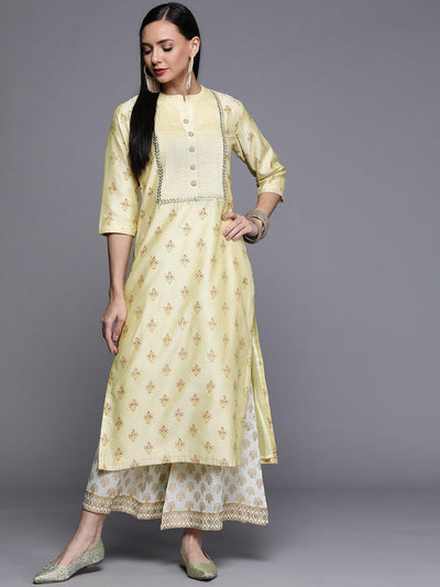 Yellow Printed Chanderi Silk Kurta - ShopLibas