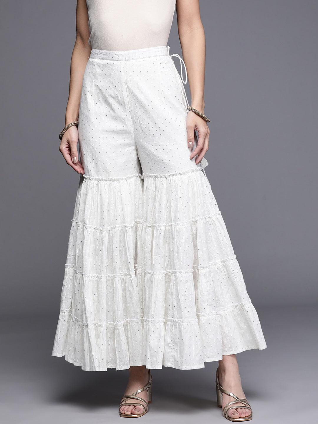 White Self Design Cotton Sharara Pants - ShopLibas