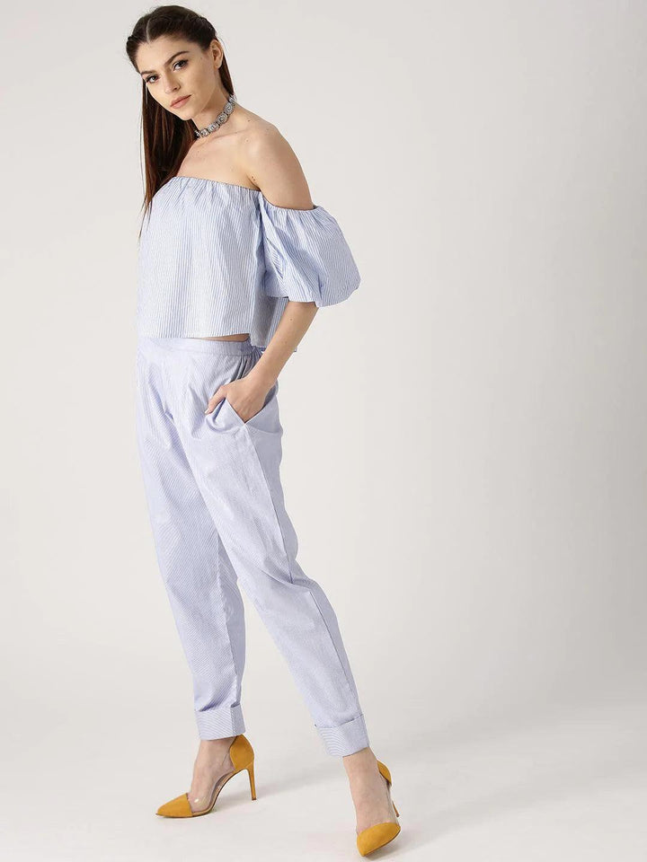 Blue Striped Polyester Trousers - ShopLibas