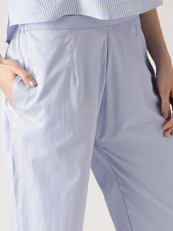 Blue Striped Polyester Trousers - ShopLibas