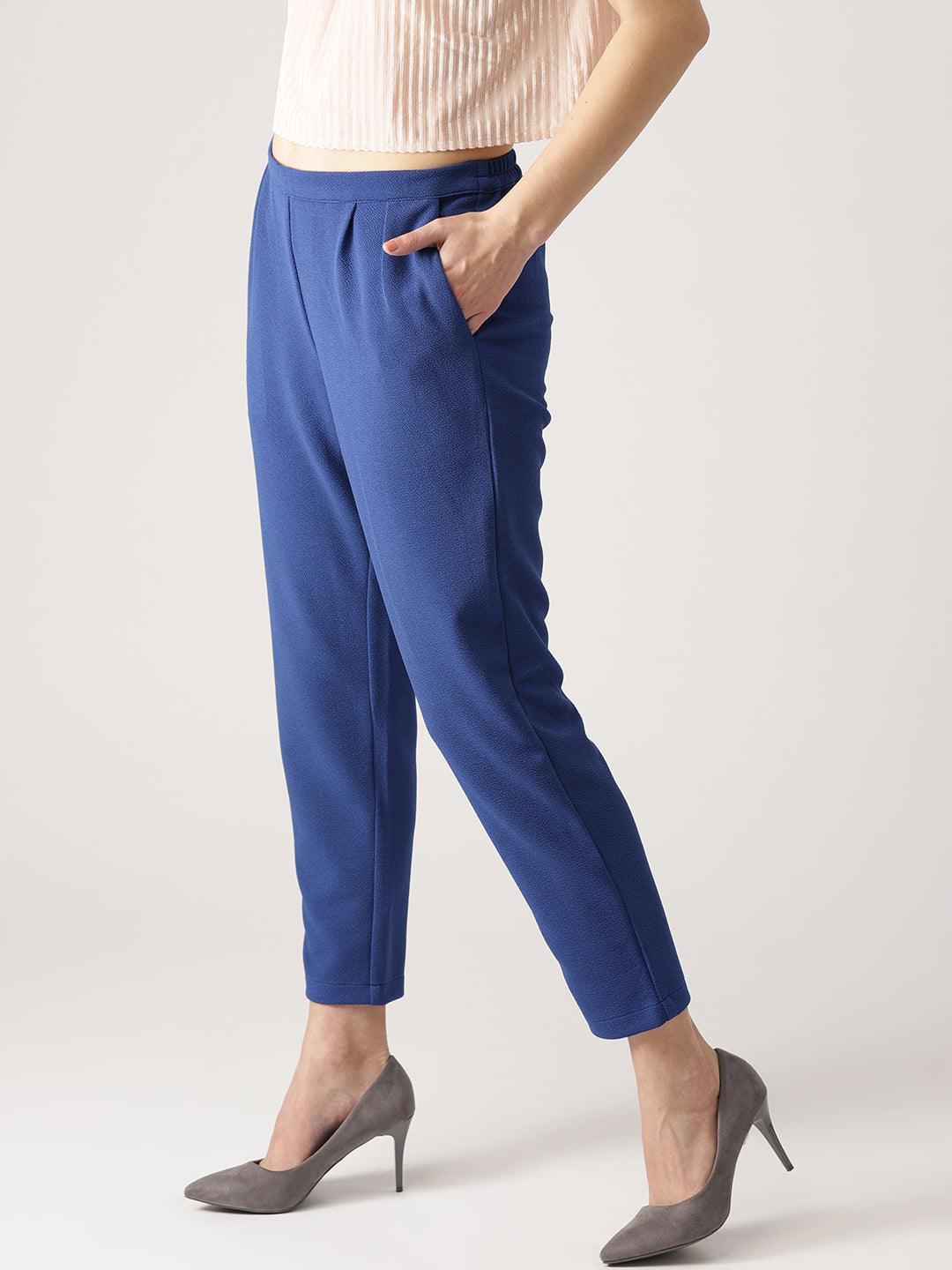Blue Solid Polyester Trousers - ShopLibas 