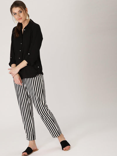 Black Striped Polyester Trousers - ShopLibas