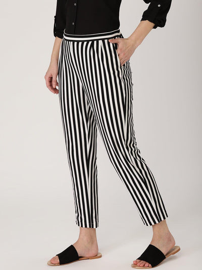Black Striped Polyester Trousers - ShopLibas