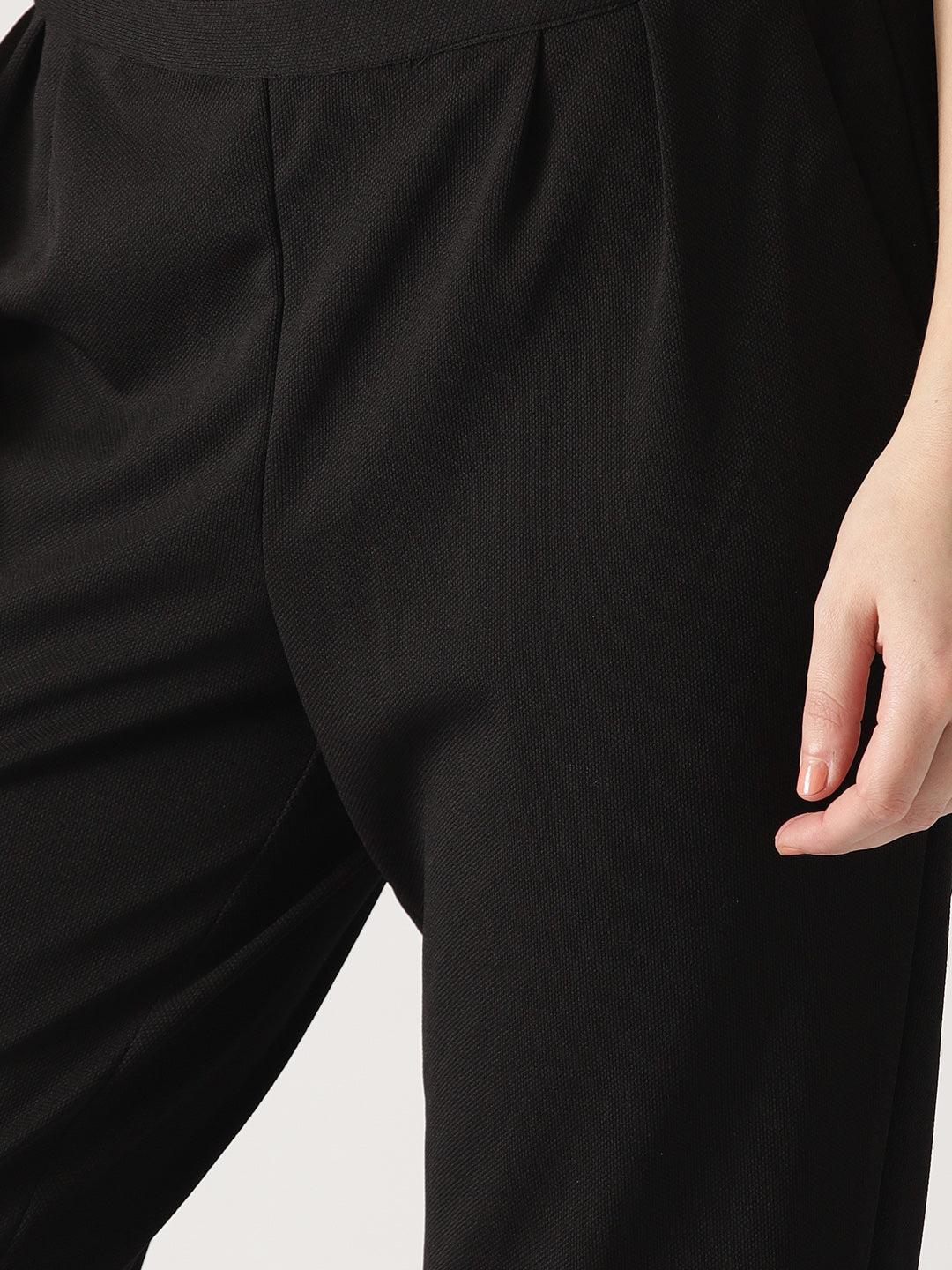Black Solid Polyester Trousers - ShopLibas