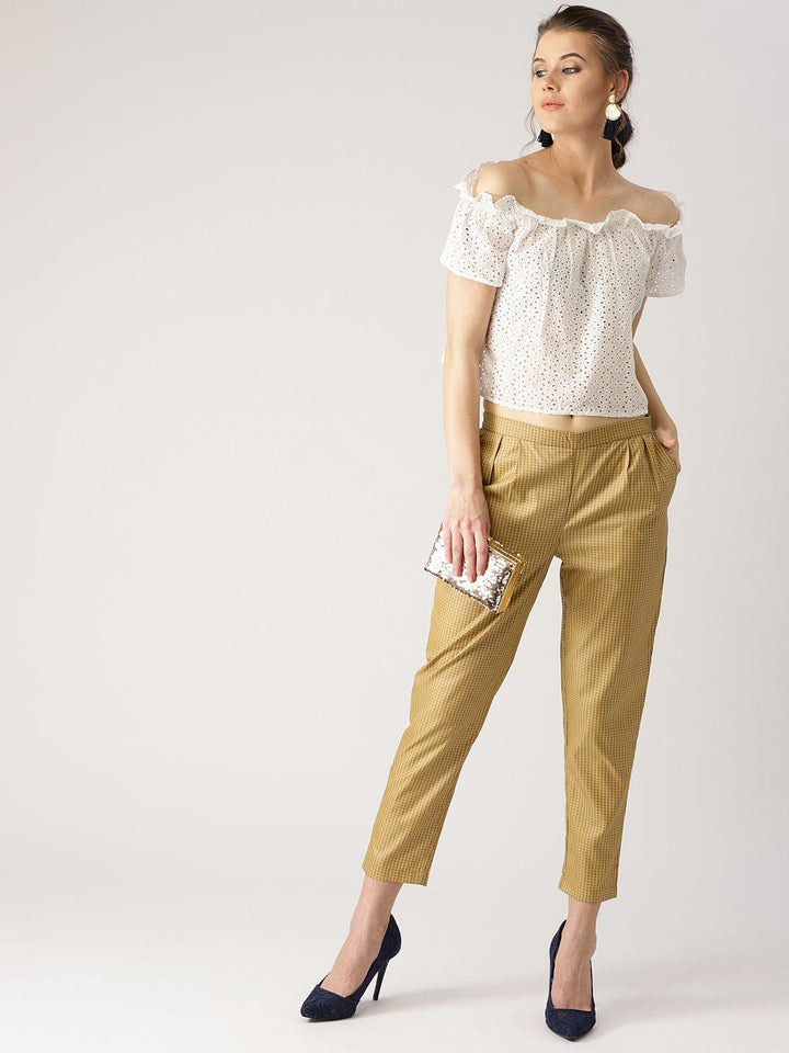 Beige Checkered Polyester Trousers - ShopLibas