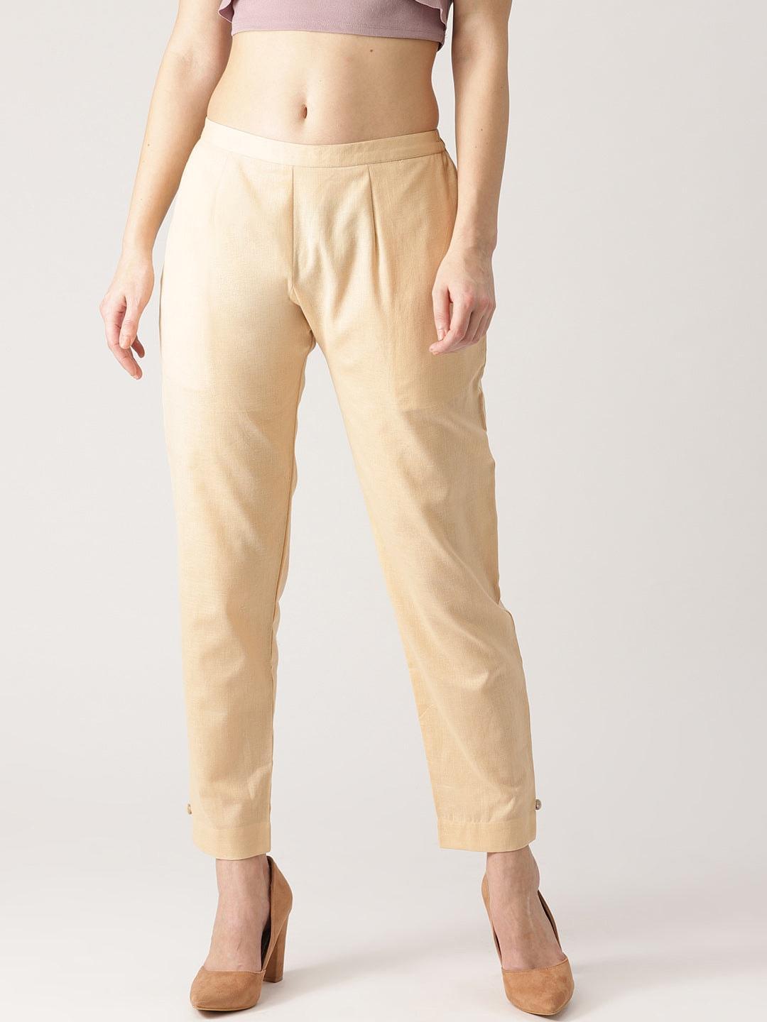 Beige Solid Cotton Trousers - ShopLibas