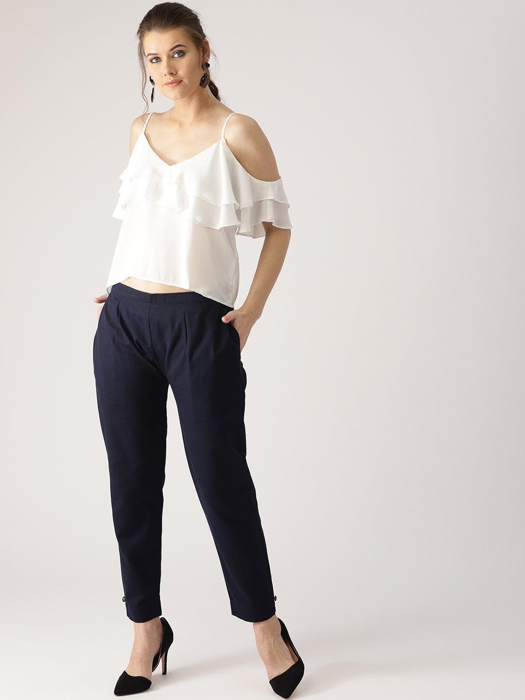 Blue Solid Cotton Trousers - ShopLibas 