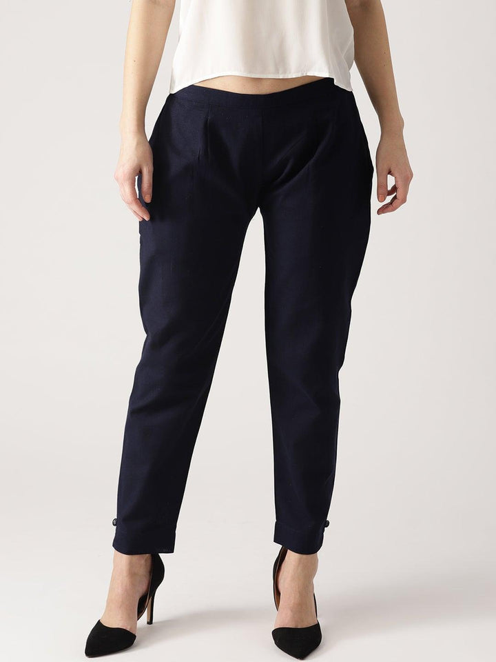 Blue Solid Cotton Trousers