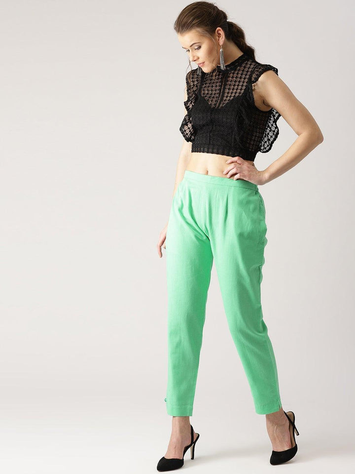 Green Solid Cotton Trousers - ShopLibas