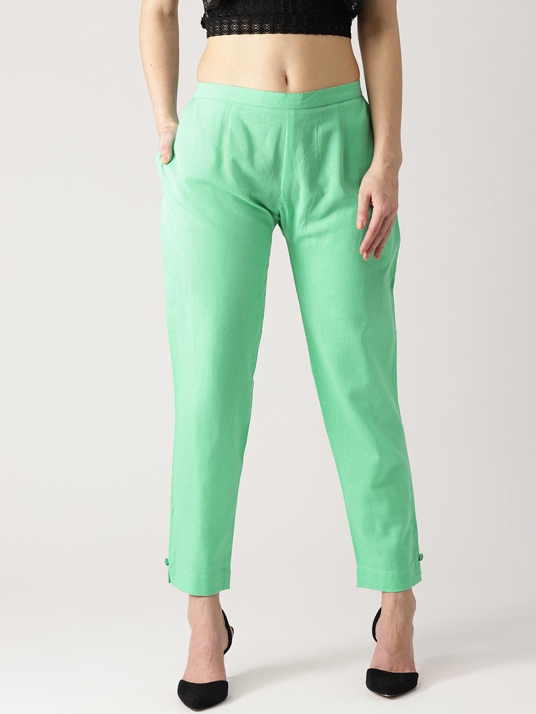 Green Solid Cotton Trousers - ShopLibas