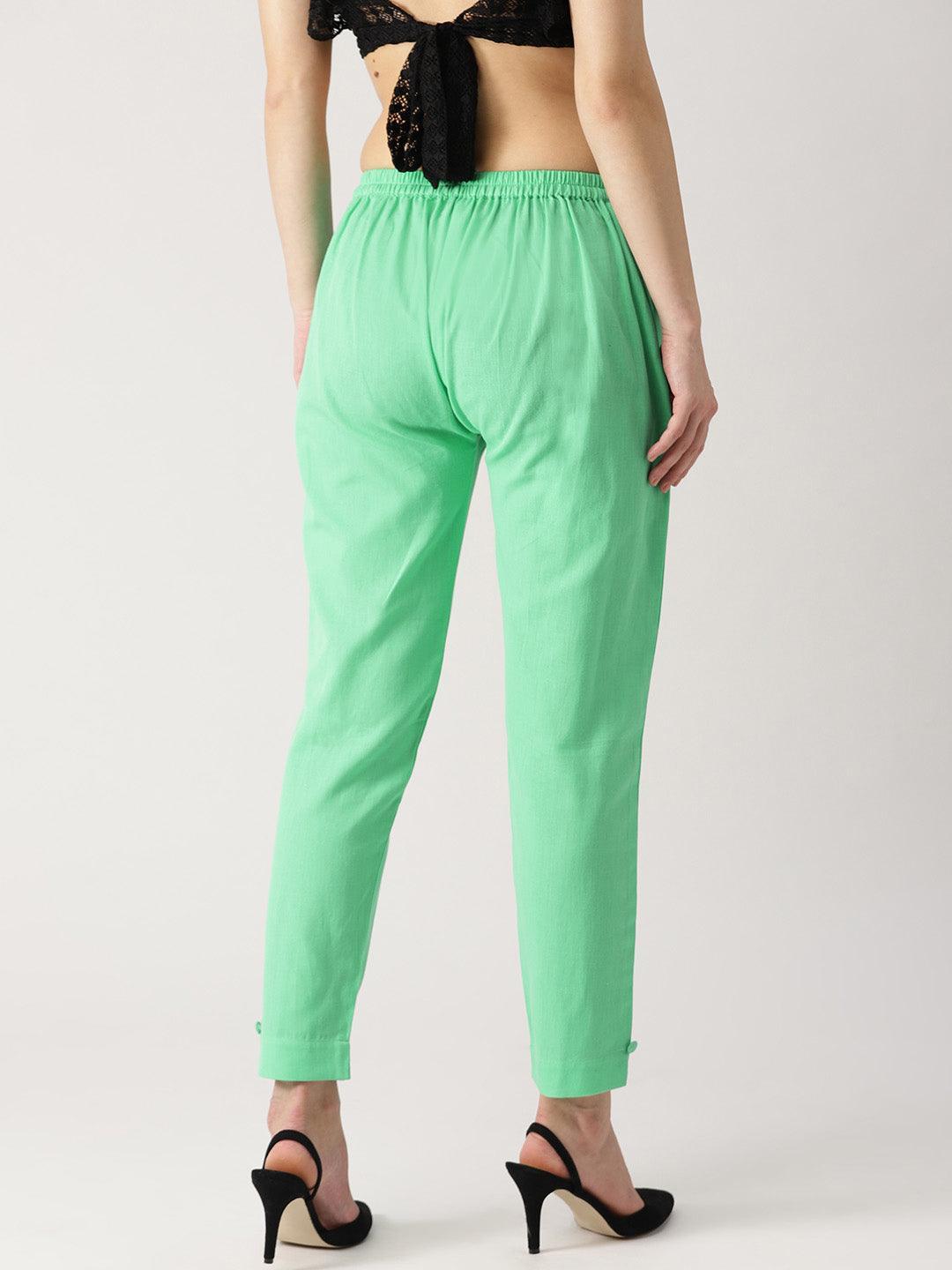Green Solid Cotton Trousers - ShopLibas