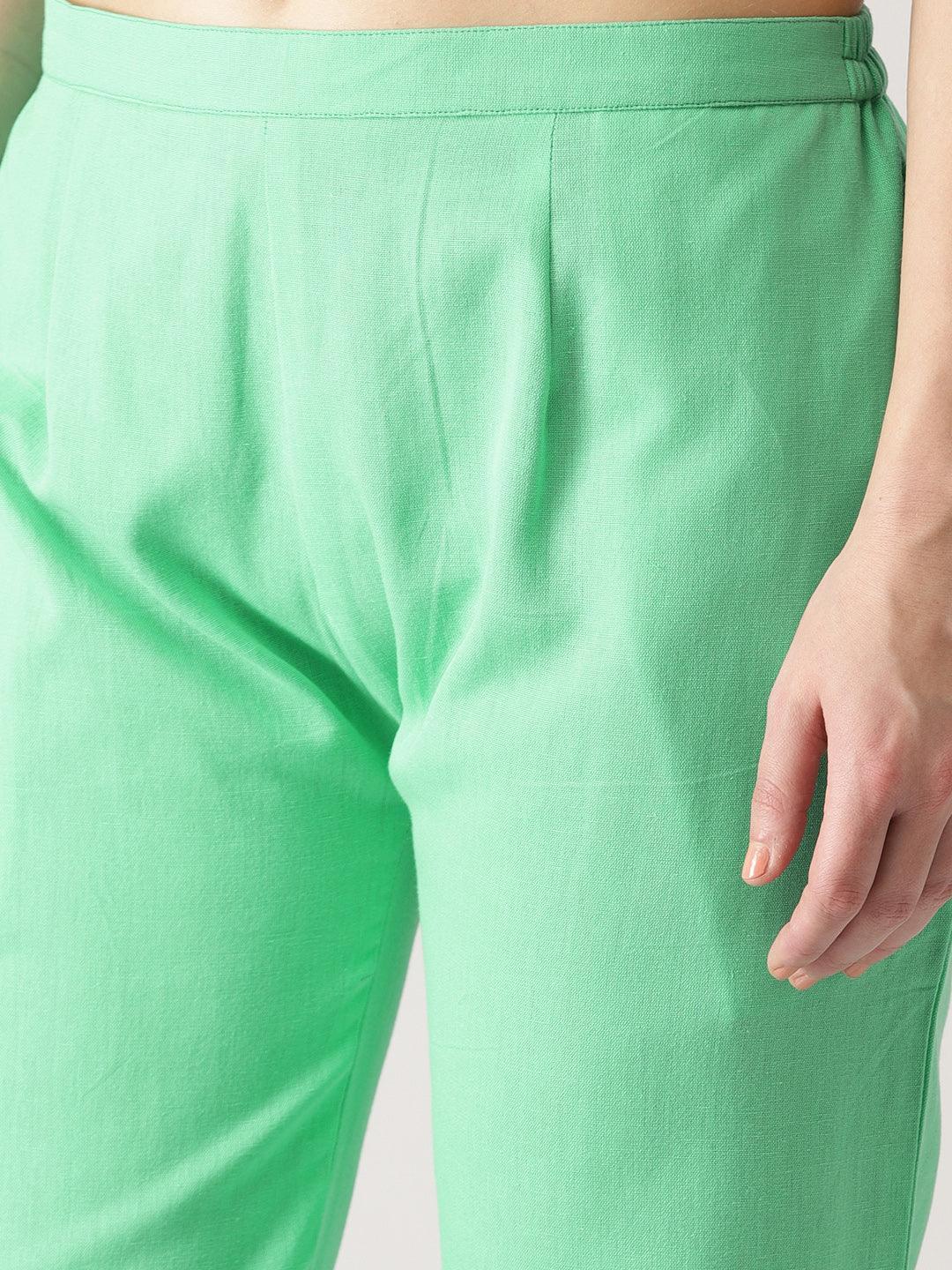 Green Solid Cotton Trousers - ShopLibas