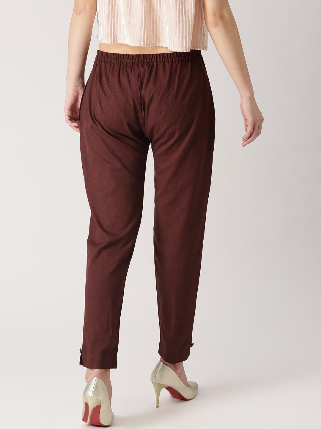 Brown Solid Cotton Trousers - ShopLibas