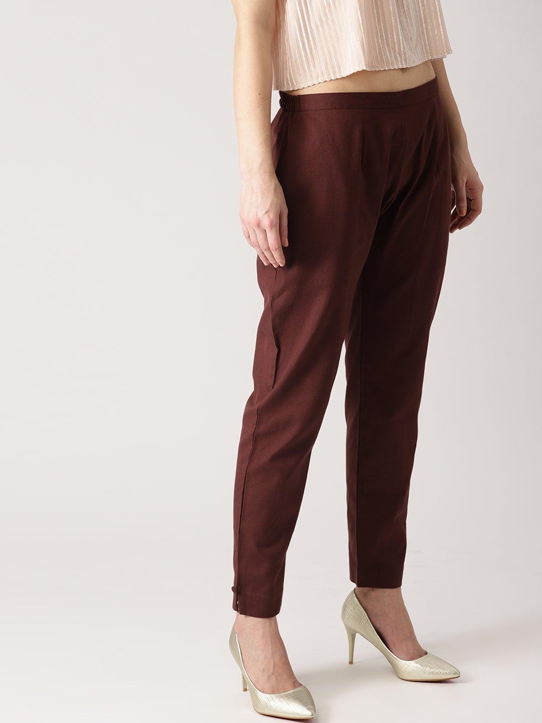 Brown Solid Cotton Trousers - ShopLibas