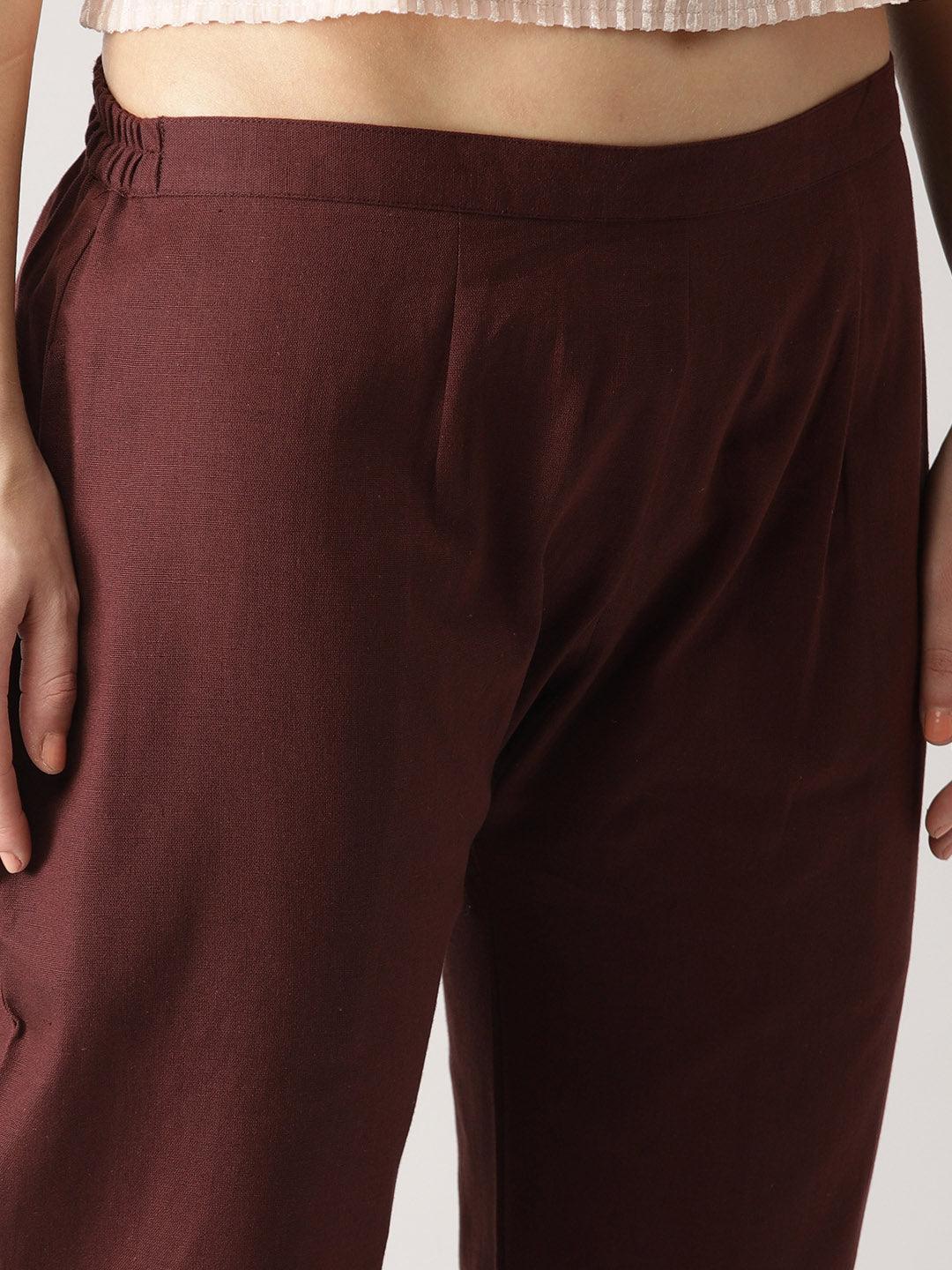 Brown Solid Cotton Trousers - ShopLibas