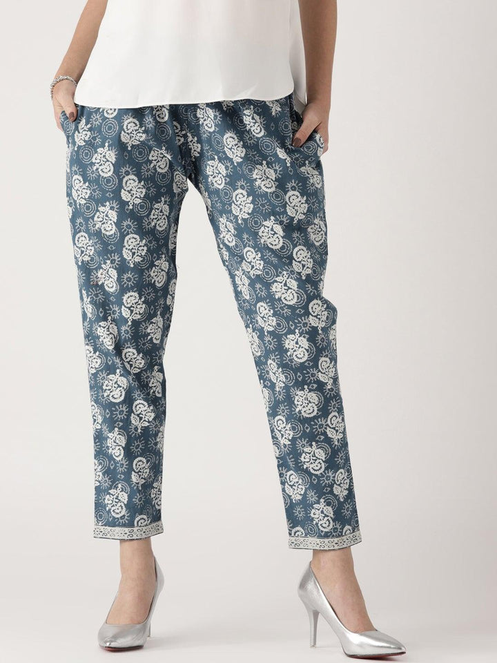 Blue Printed Cotton Trousers - ShopLibas