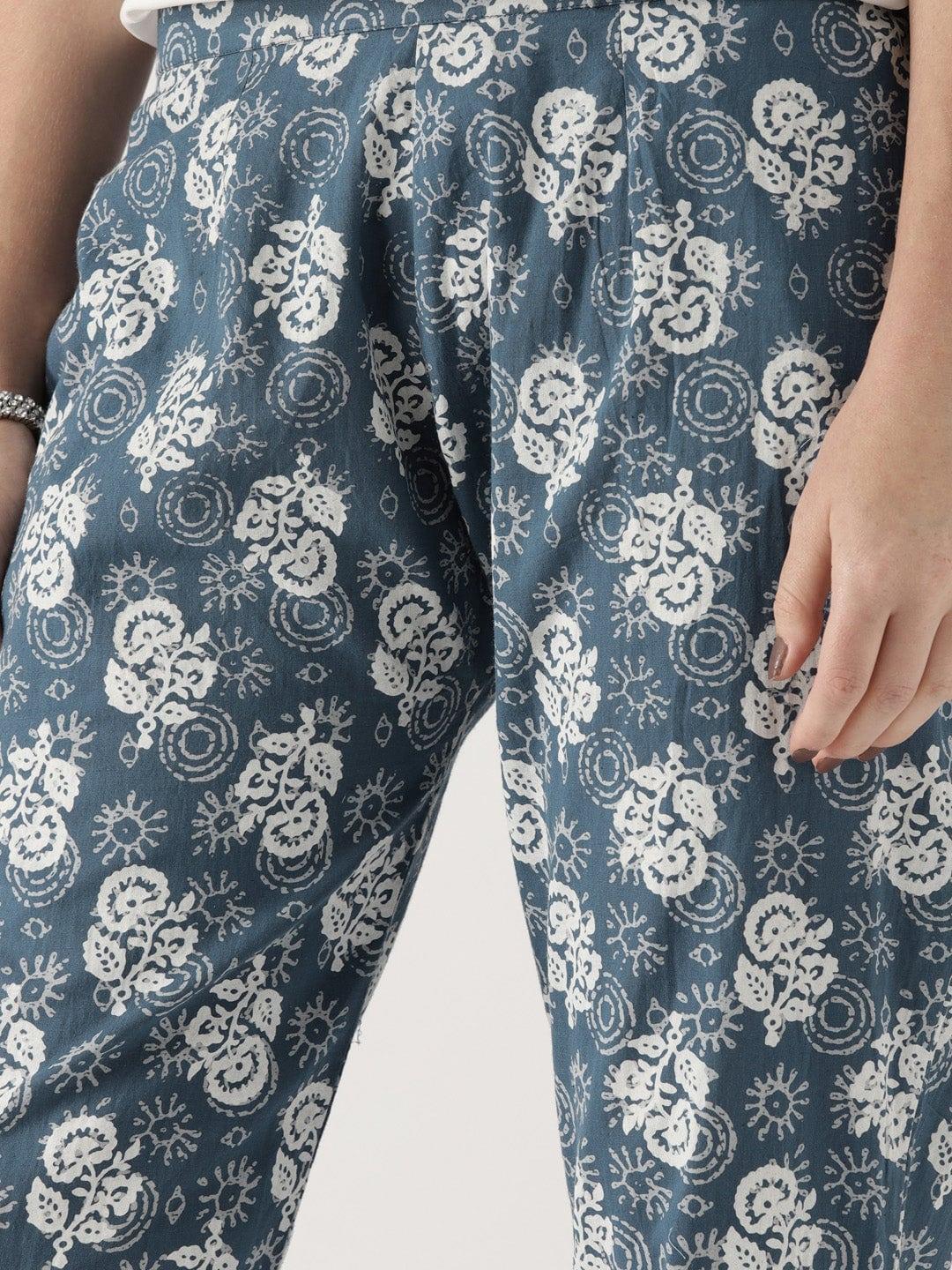 Blue Printed Cotton Trousers - ShopLibas