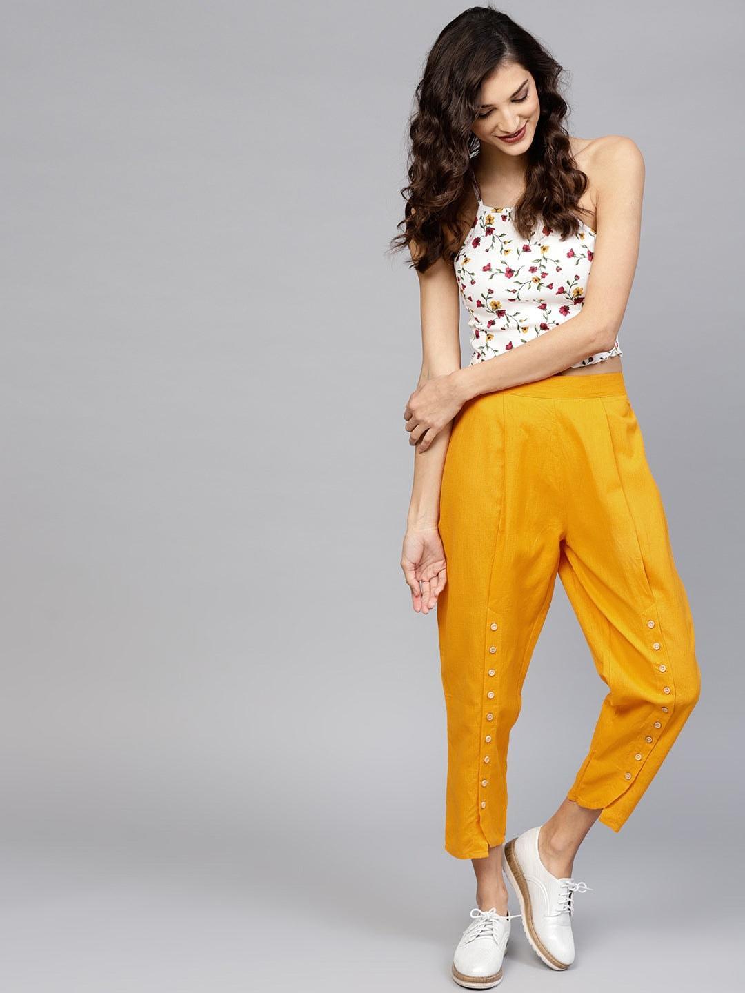 Yellow Solid Cotton Trousers - ShopLibas 