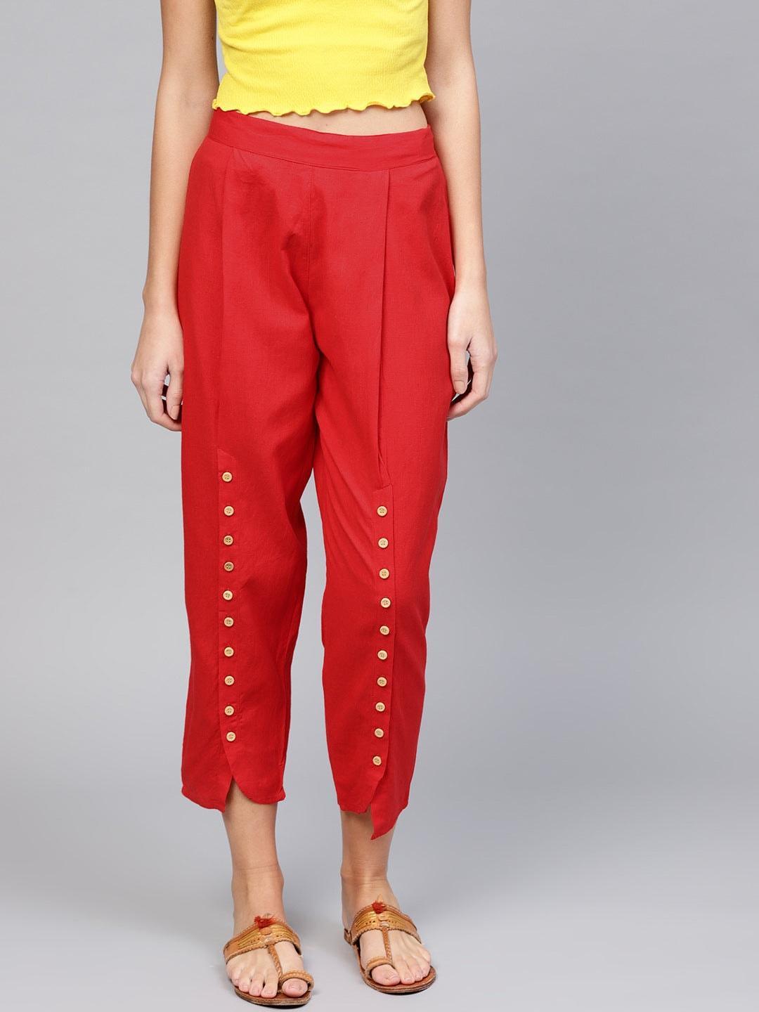 Red Solid Cotton Trousers - ShopLibas