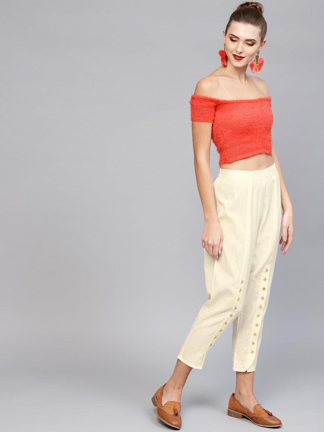 White Solid Cotton Trousers - ShopLibas 