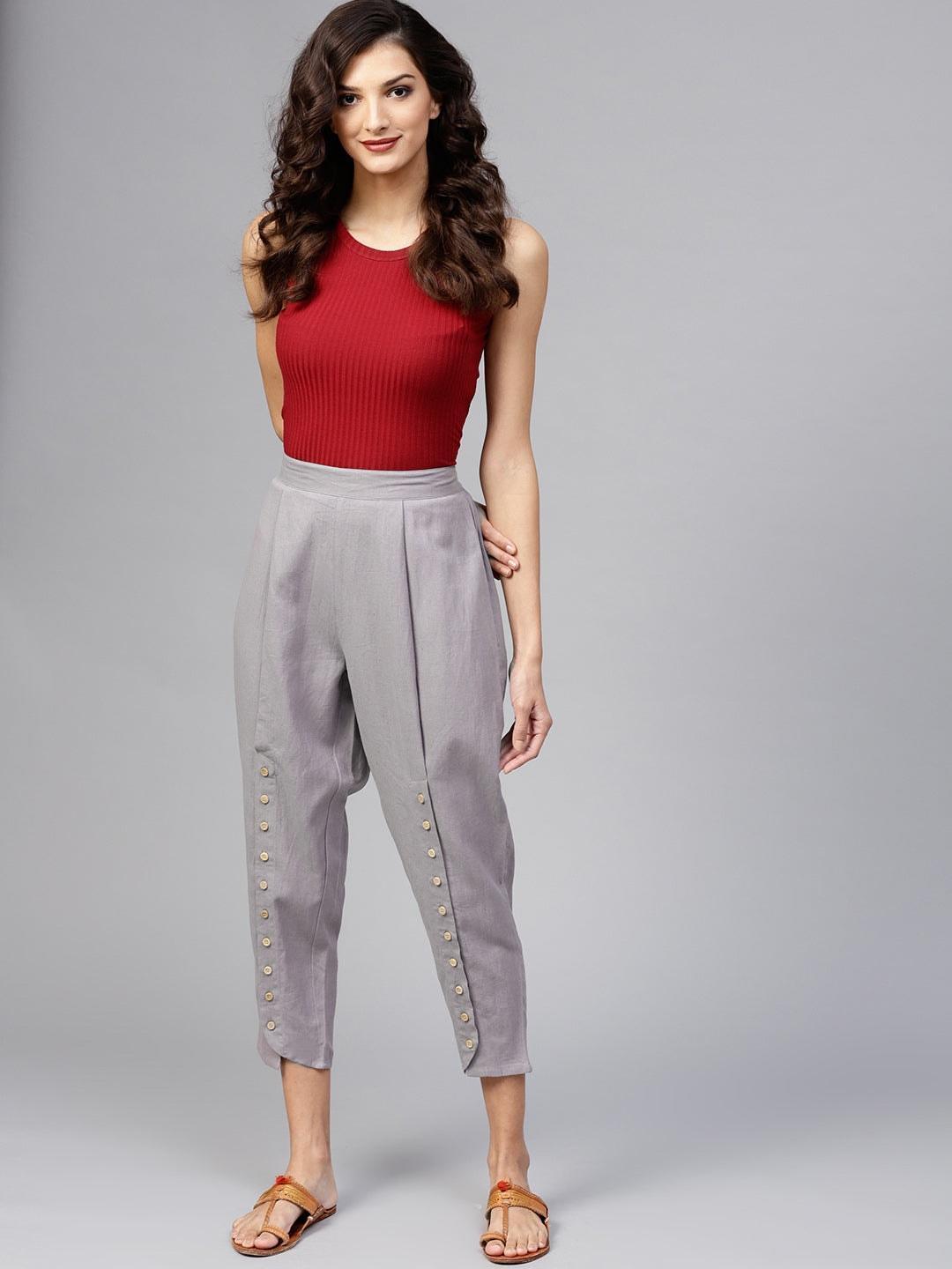 Grey Solid Cotton Trousers - ShopLibas