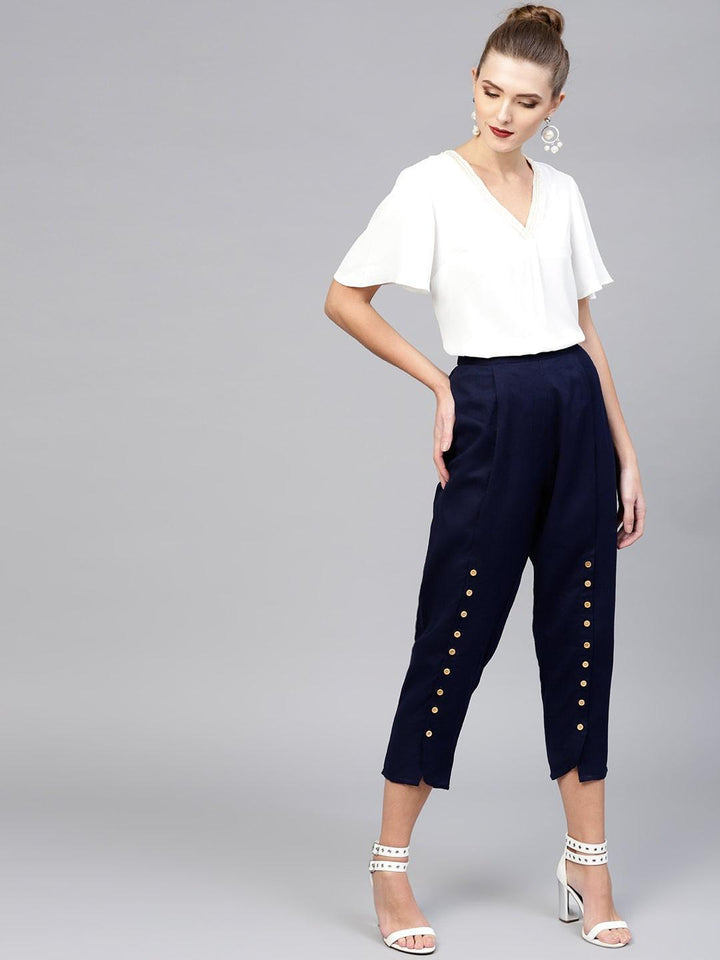 Blue Solid Cotton Trousers - ShopLibas