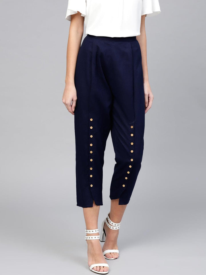 Blue Solid Cotton Trousers - ShopLibas