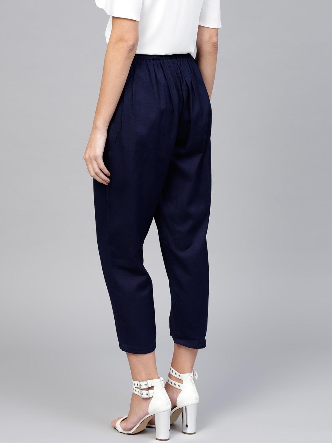 Blue Solid Cotton Trousers - ShopLibas