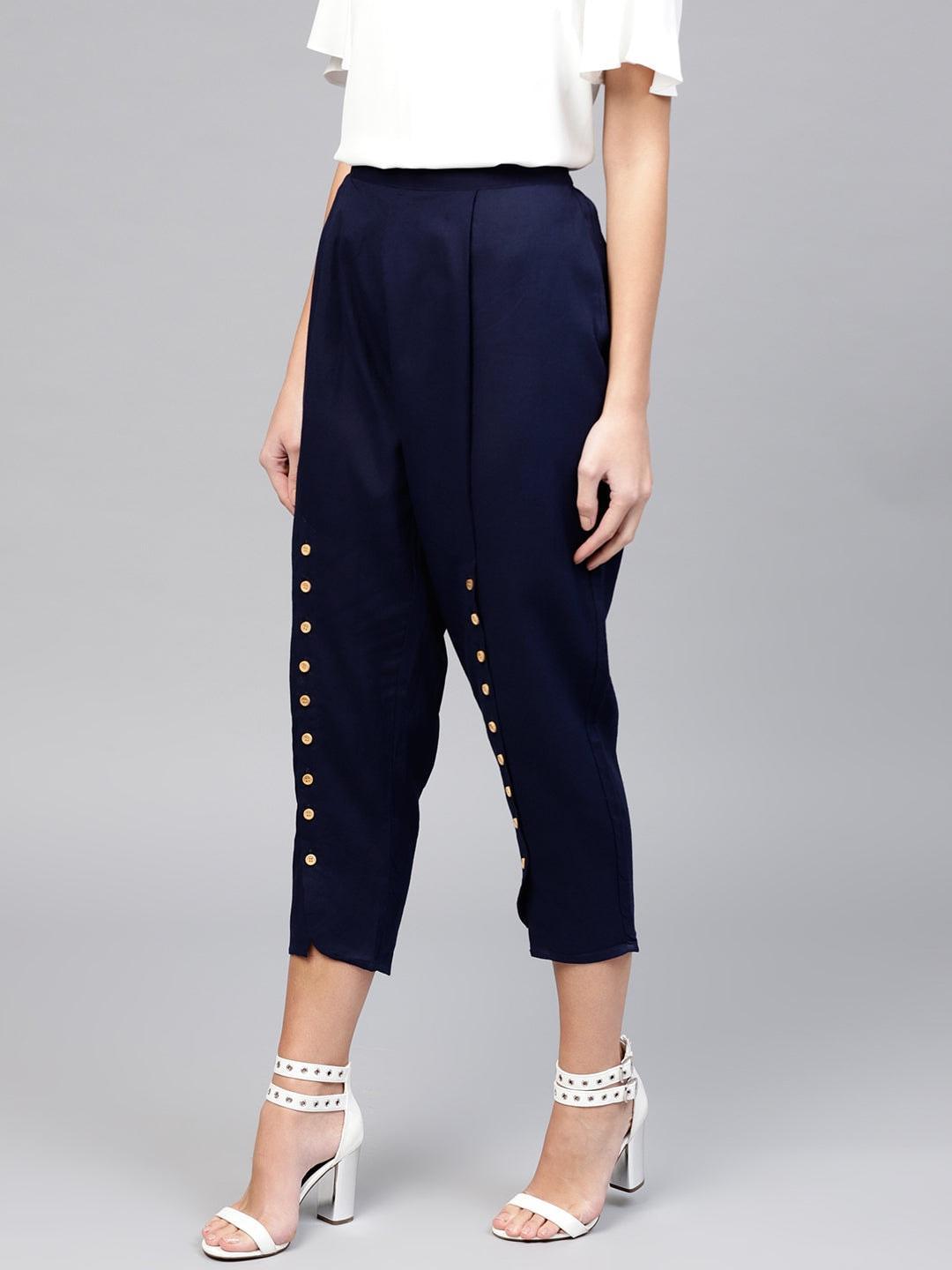 Blue Solid Cotton Trousers - ShopLibas