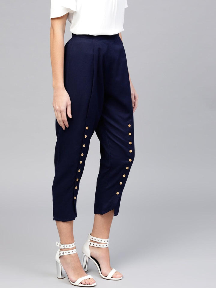 Blue Solid Cotton Trousers - ShopLibas