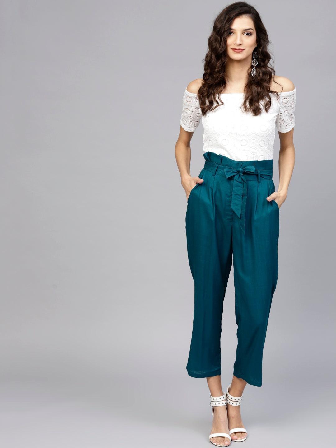 Blue Solid Rayon Trousers - ShopLibas 