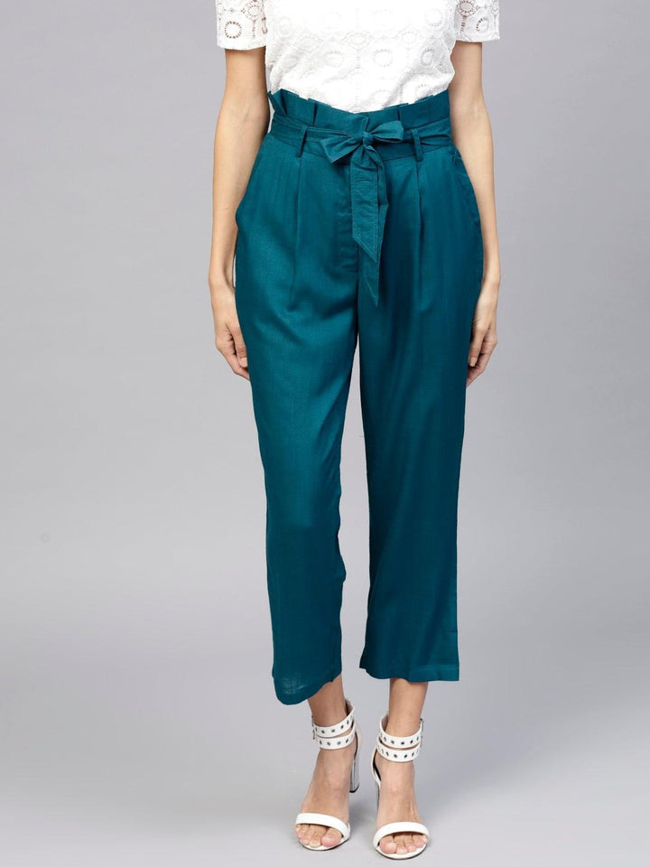 Blue Solid Rayon Trousers