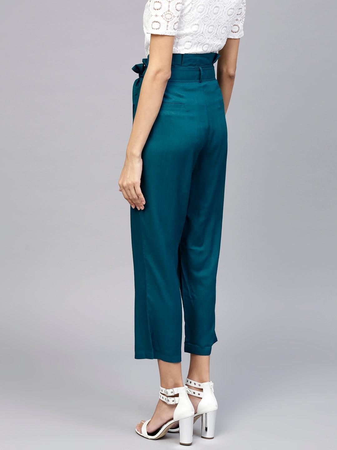 Blue Solid Rayon Trousers - ShopLibas 