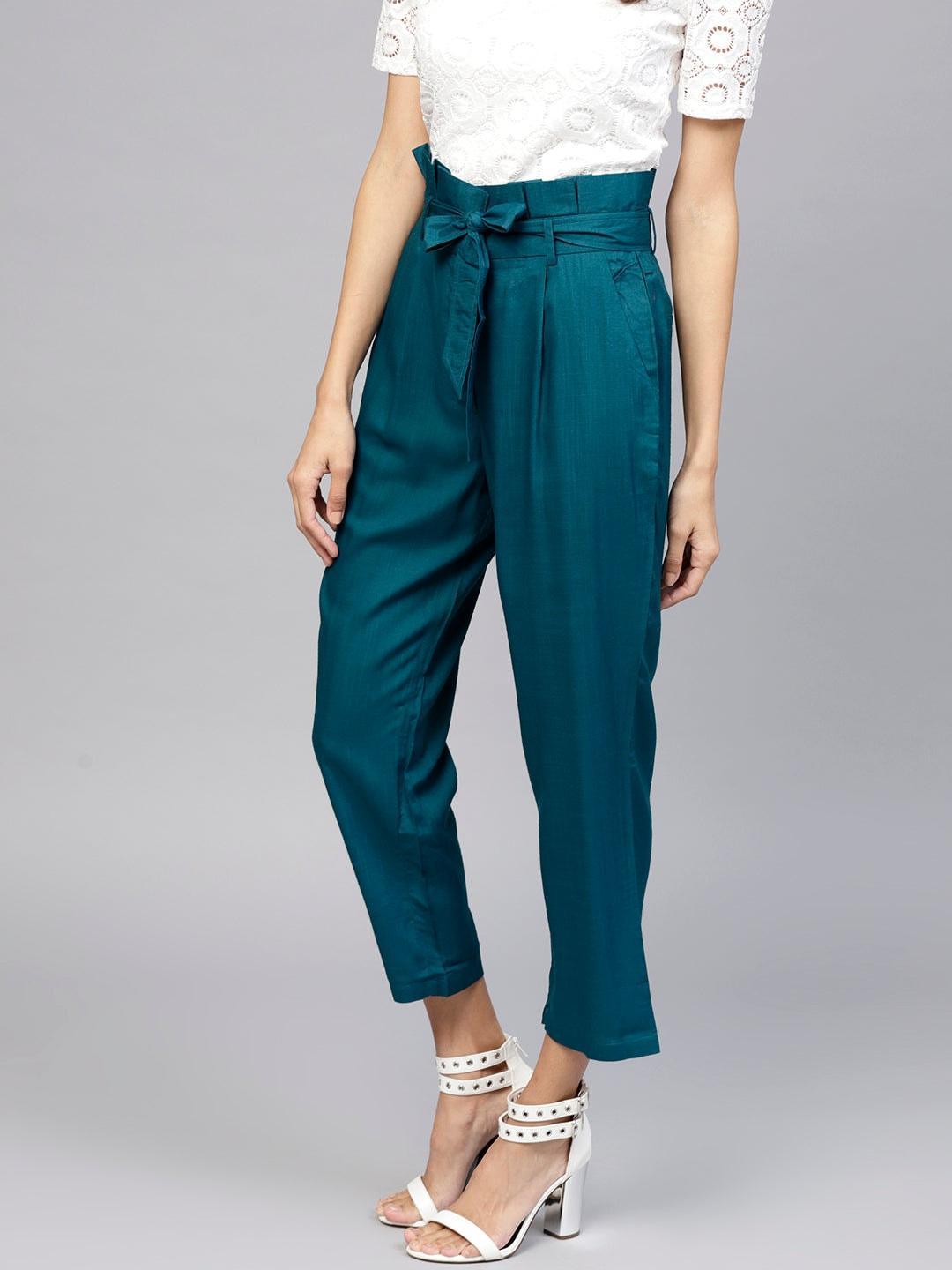 Blue Solid Rayon Trousers - ShopLibas 