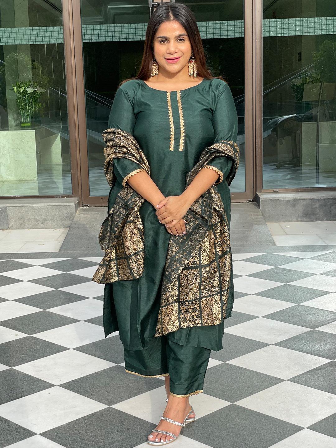 Plus Size Green Solid Chanderi Suit Set - ShopLibas