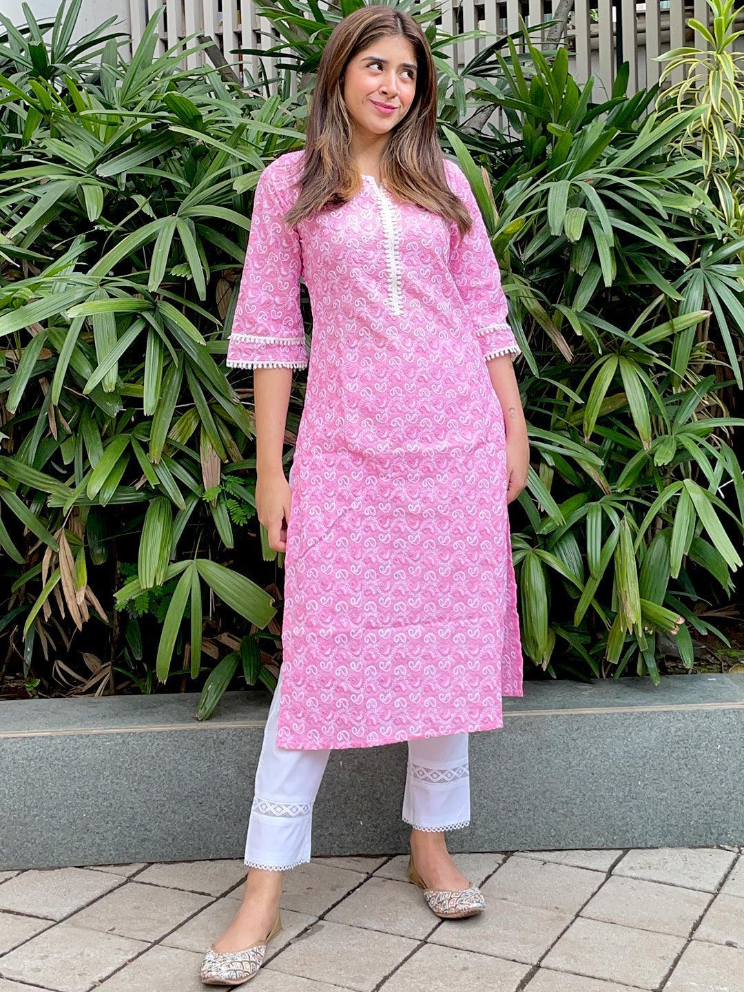 Pink Embroidered Cotton Kurta - ShopLibas