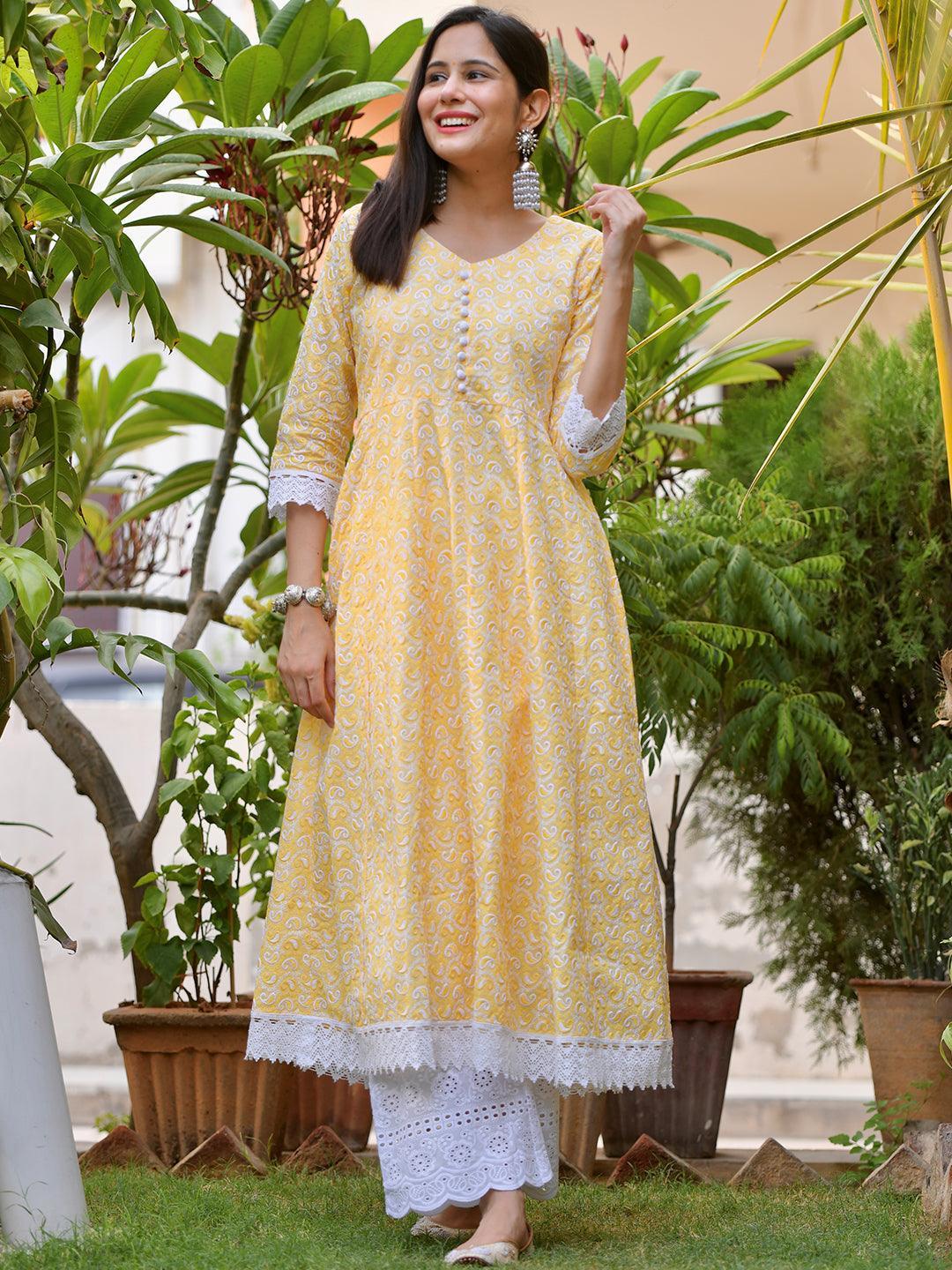 Yellow Embroidered Cotton Kurta - ShopLibas