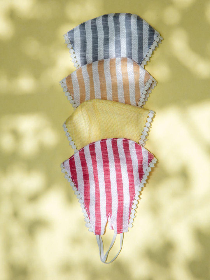 Libas Multicolored Up-cycled Cotton Masks with Lace and Stripes ( Pack of 4 ) - ShopLibas