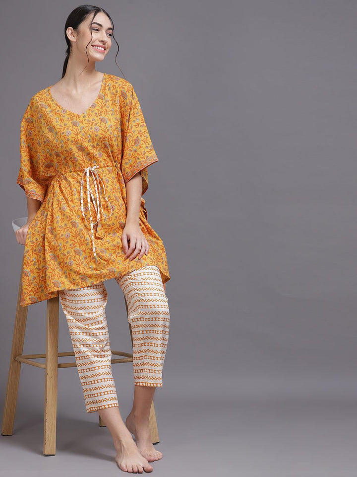 Yellow Printed Cotton Night Suit - ShopLibas
